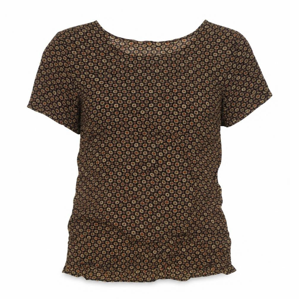 Front view of Marks & Spencer women’s black geometric viscose basic t-shirt, size UK 8, scoop neck