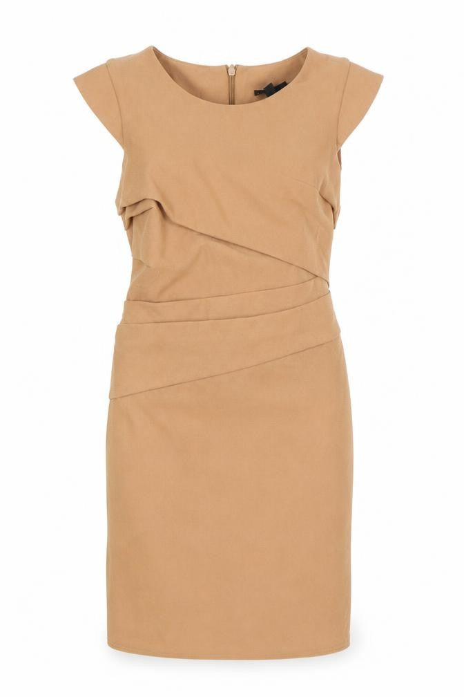 Front view of Topshop women’s brown polyester a-line, size UK 8, round neck zip