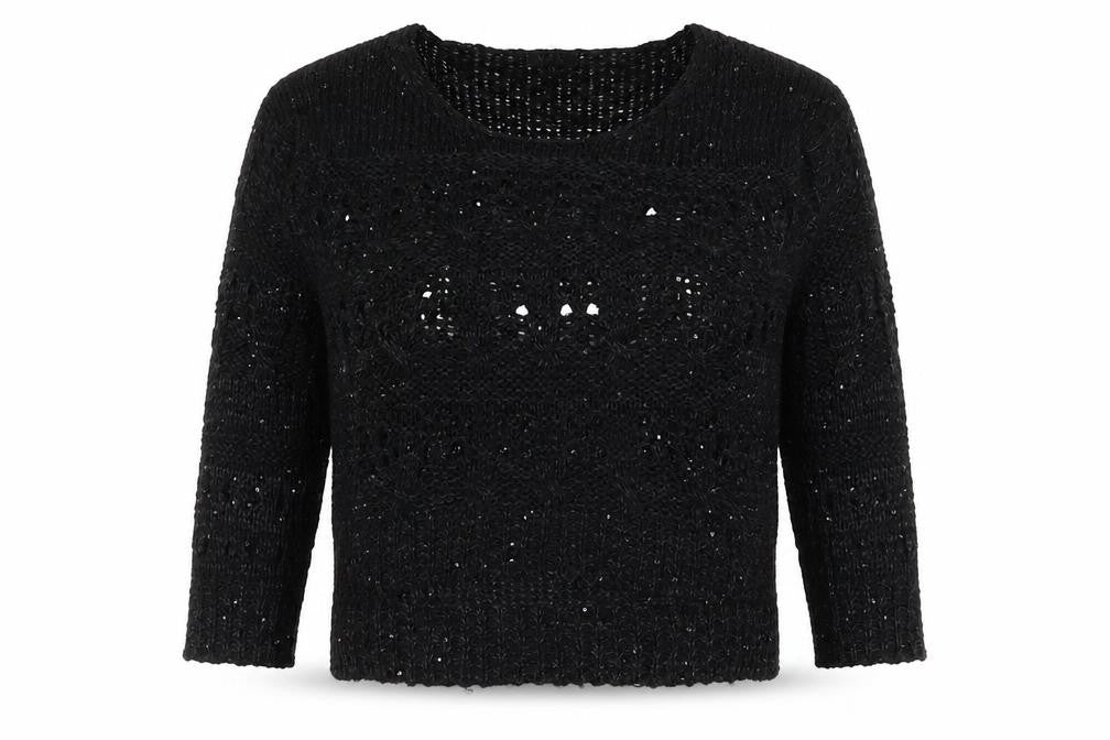 Front view of V & K women’s black round neck polyester jumper, size UK 10