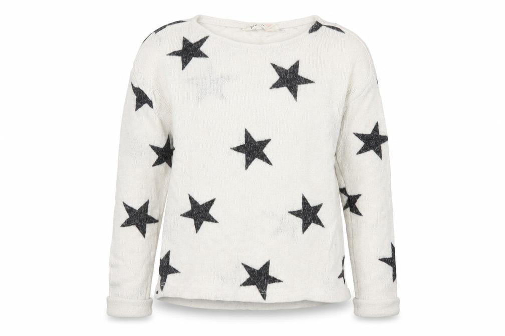 Front view of H&M girls’ white scoop neck geometric viscose jumper, size 9-10, years pullover - stars