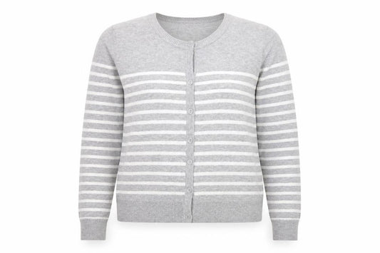 Front view of Papaya women’s grey round neck striped cotton cardigan jumper, size UK 14