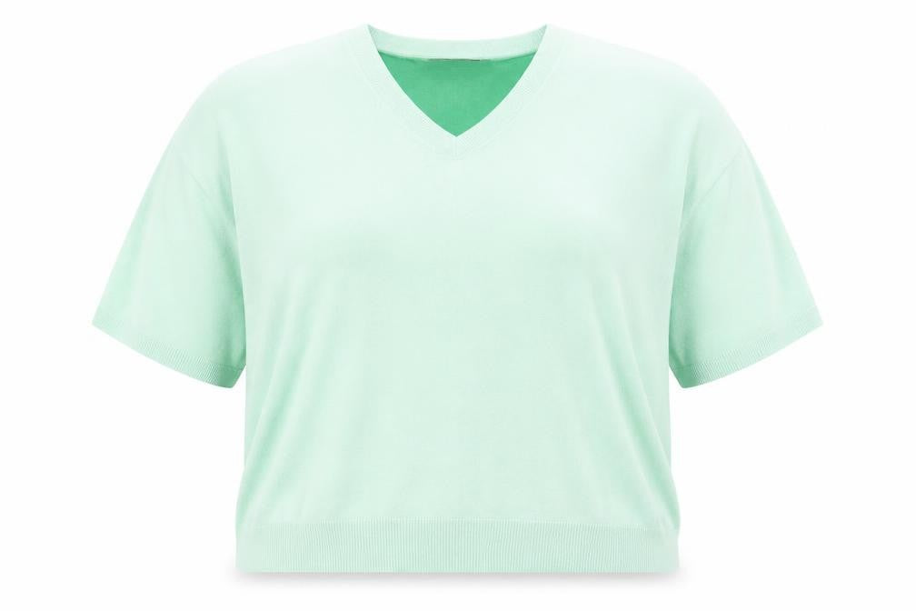 Front view of Marks & Spencer women’s green v-neck viscose jumper, size UK 22, pullover