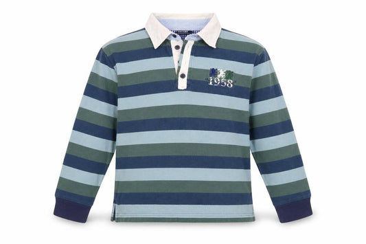 Front view of Geox boys’ blue striped 100% cotton basic polo, size 12, years collared button