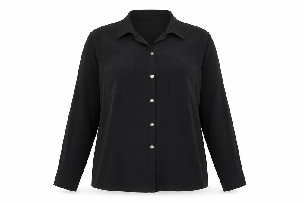 Front view of Sara Woman women’s black polyester basic button-up, size UK 20, collared