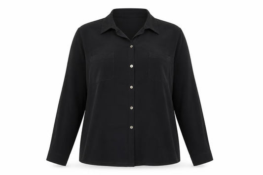 Front view of Sara Woman women’s black polyester basic button-up, size UK 20, collared