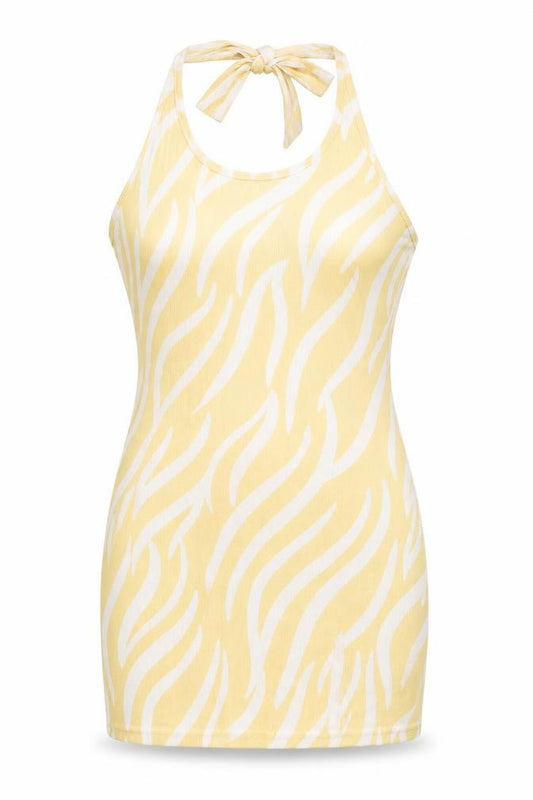 Front view of Another Reason women’s yellow animal print polyester a-line, size UK 12, halter tie