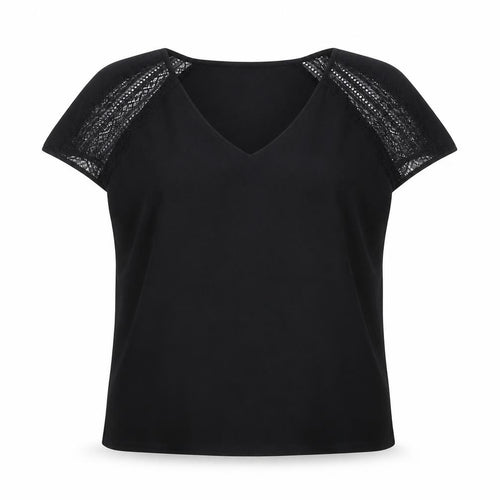 Laura Clement Womens Black Polyester Basic T-Shirt Size 12 V-Neck - Lace Sleeve Detail