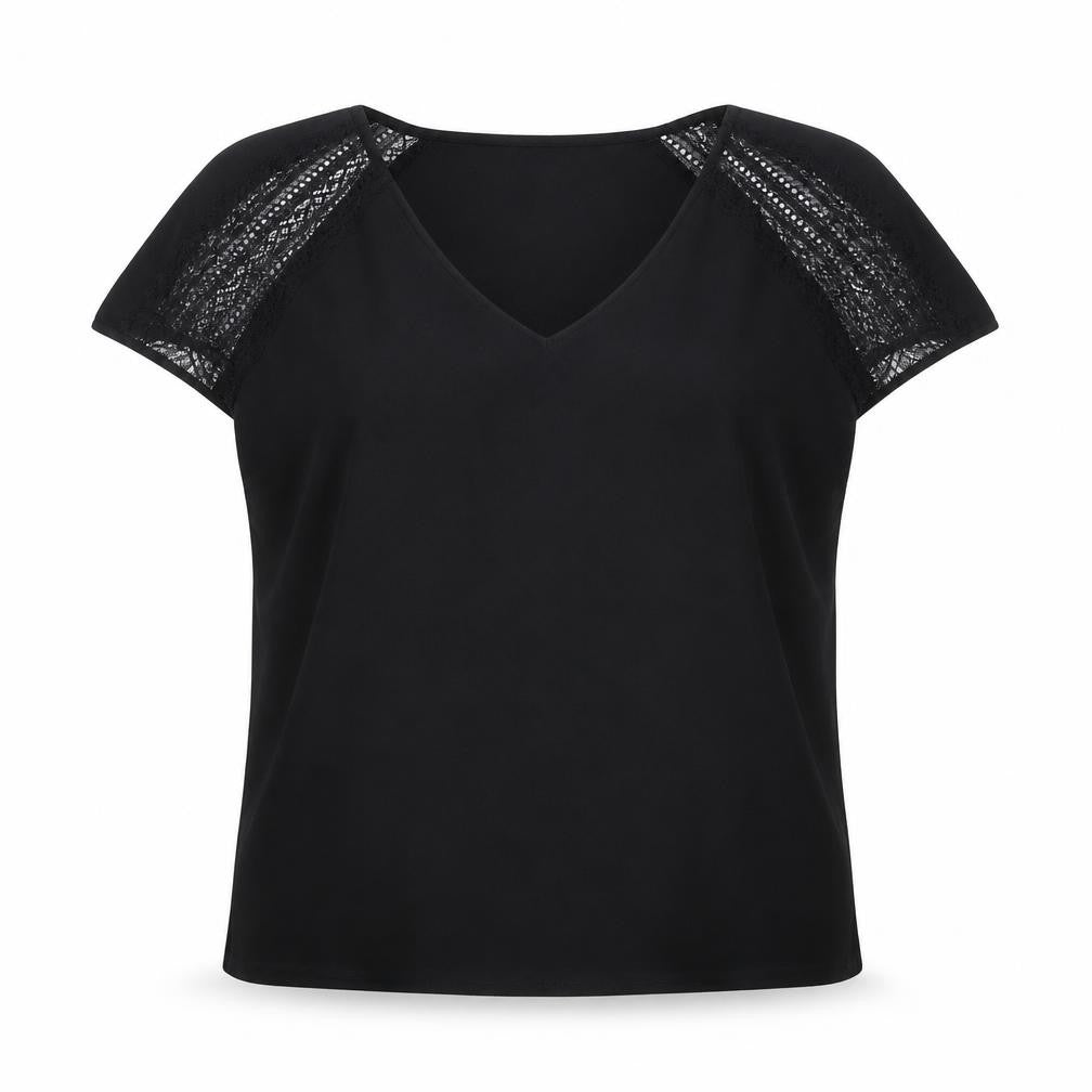 Laura Clement Womens Black Polyester Basic T-Shirt Size 12 V-Neck - Lace Sleeve Detail