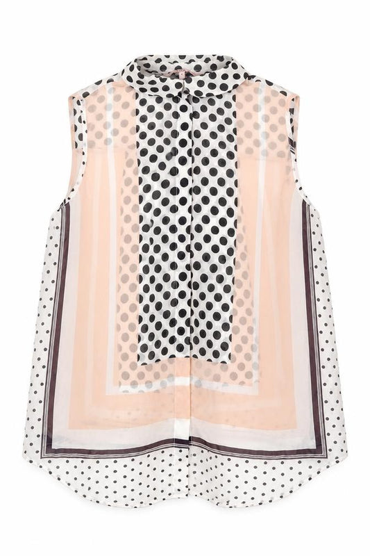 Front view of Next women’s white polka dot polyester basic blouse, size UK 10, collared