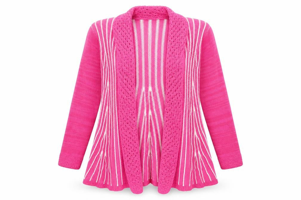 Front view of Glipse women’s pink v-neck striped acrylic cardigan jumper, size M, pullover