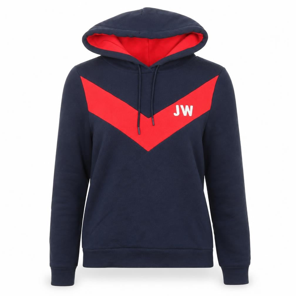 Front view of Jack Wills women’s blue colourblock cotton pullover hoodie, size UK 6, pullover