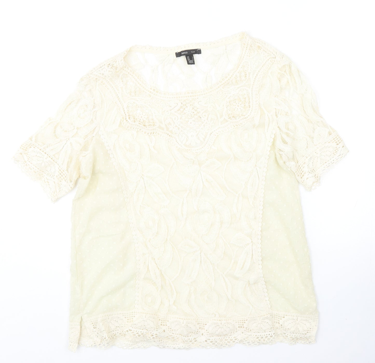 Mango Womens Ivory Polyester Basic Blouse Size L Round Neck - Crochet Detail