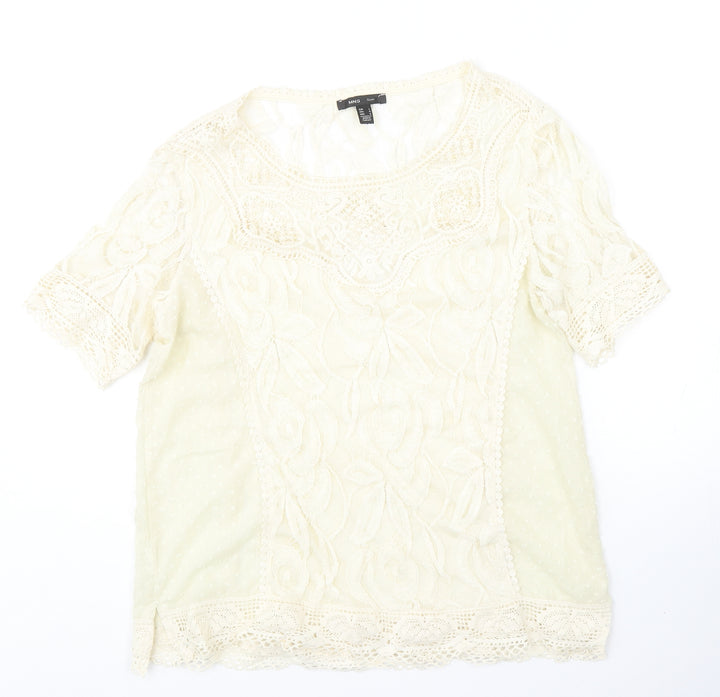 Mango Womens Ivory Polyester Basic Blouse Size L Round Neck - Crochet Detail