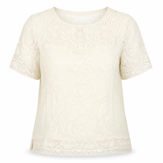 Front view of Mango women’s ivory polyester basic blouse, size L, round neck - crochet detail