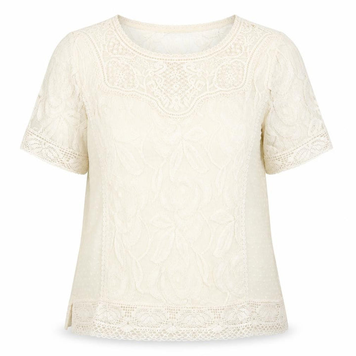 Mango Womens Ivory Polyester Basic Blouse Size L Round Neck - Crochet Detail