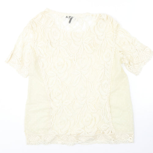 Mango Womens Ivory Polyester Basic Blouse Size L Round Neck - Crochet Detail