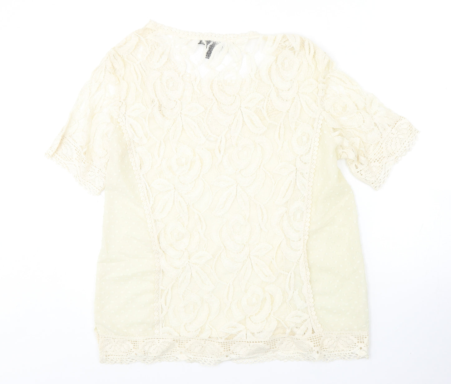 Mango Womens Ivory Polyester Basic Blouse Size L Round Neck - Crochet Detail