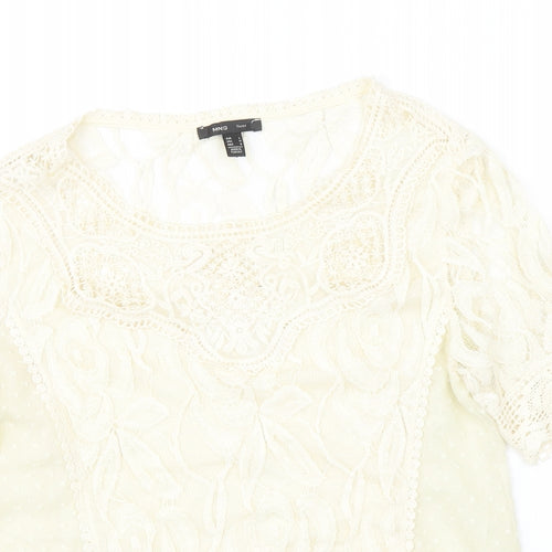 Mango Womens Ivory Polyester Basic Blouse Size L Round Neck - Crochet Detail