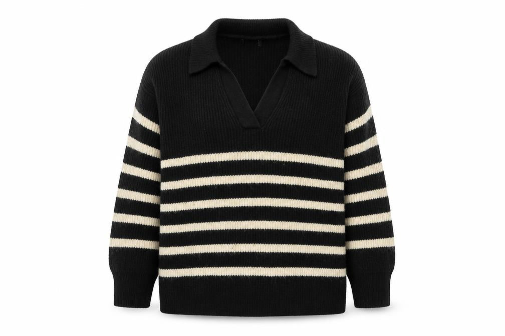 Front view of Marks & Spencer women’s black v-neck striped polyester jumper, size L