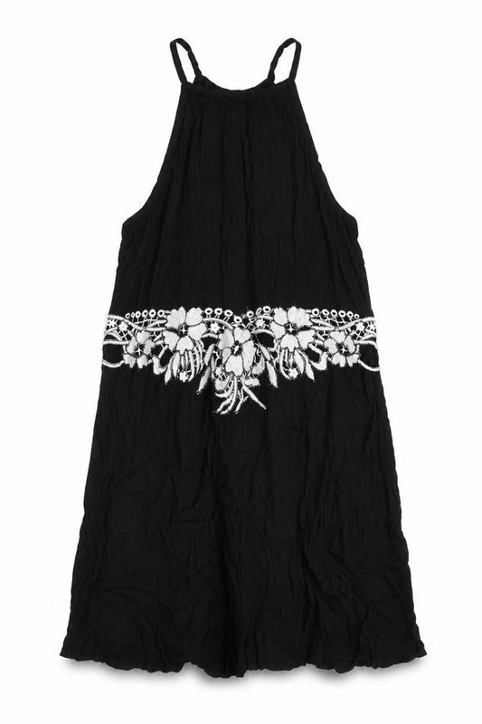 Front view of Boohoo women’s black viscose mini, size UK 10, round neck zip