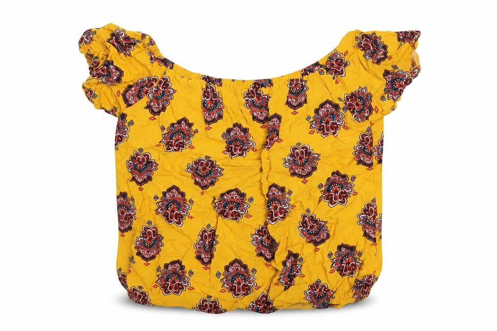 Front view of Preworn women’s yellow geometric viscose basic blouse, size UK 12, off the shoulder
