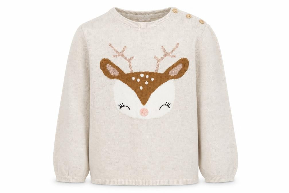 Front view of H&M girls’ beige round neck cotton jumper size 2xs pullover - reindeer