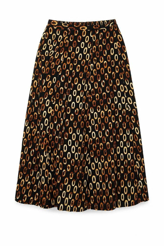 Front view of Preworn women’s black geometric polyester swing skirt, size UK 12