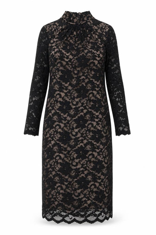 Front view of AMY CHILD women’s black nylon shift, size UK 8, mock neck zip