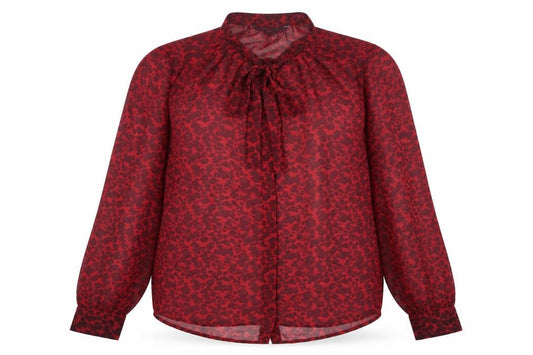 Front view of French Connection women’s red geometric polyester basic blouse, size UK 6, round neck