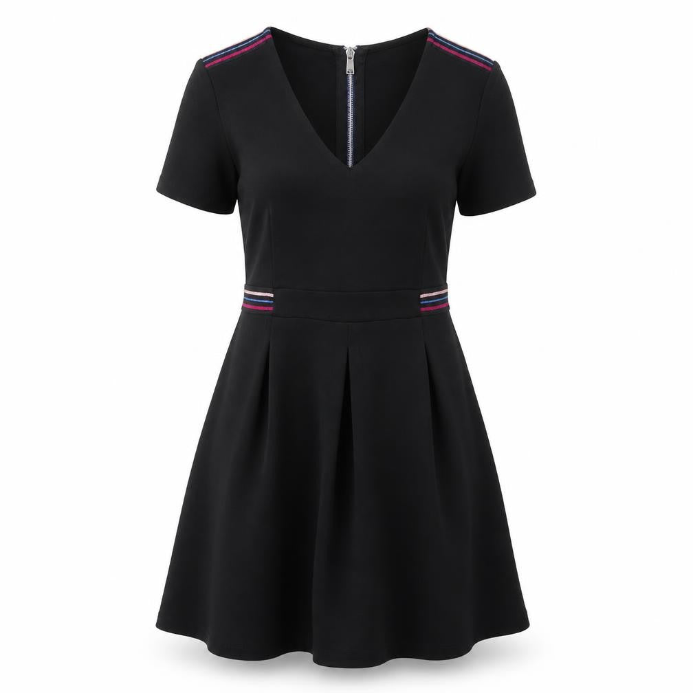 Front view of Cache Cache women’s black polyester skater dress, size UK 6, v-neck zip