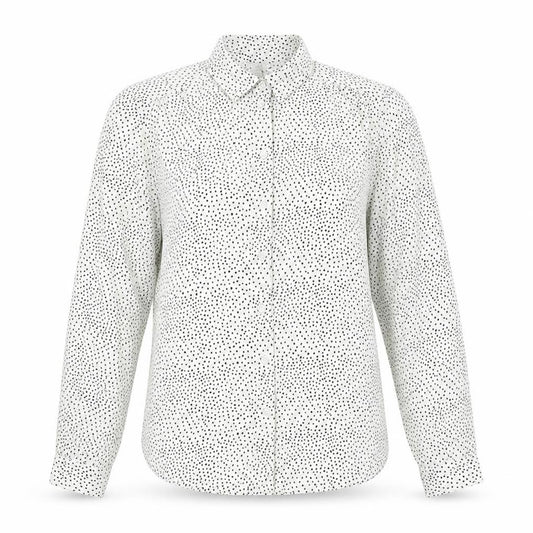 Front view of H&M women’s white geometric polyester basic button-up, size UK 6, collared