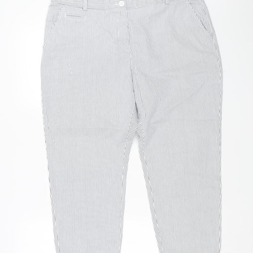Marks and Spencer Womens White Striped Cotton Trousers Size 18 L21 in Regular Button - Cuffed Hems