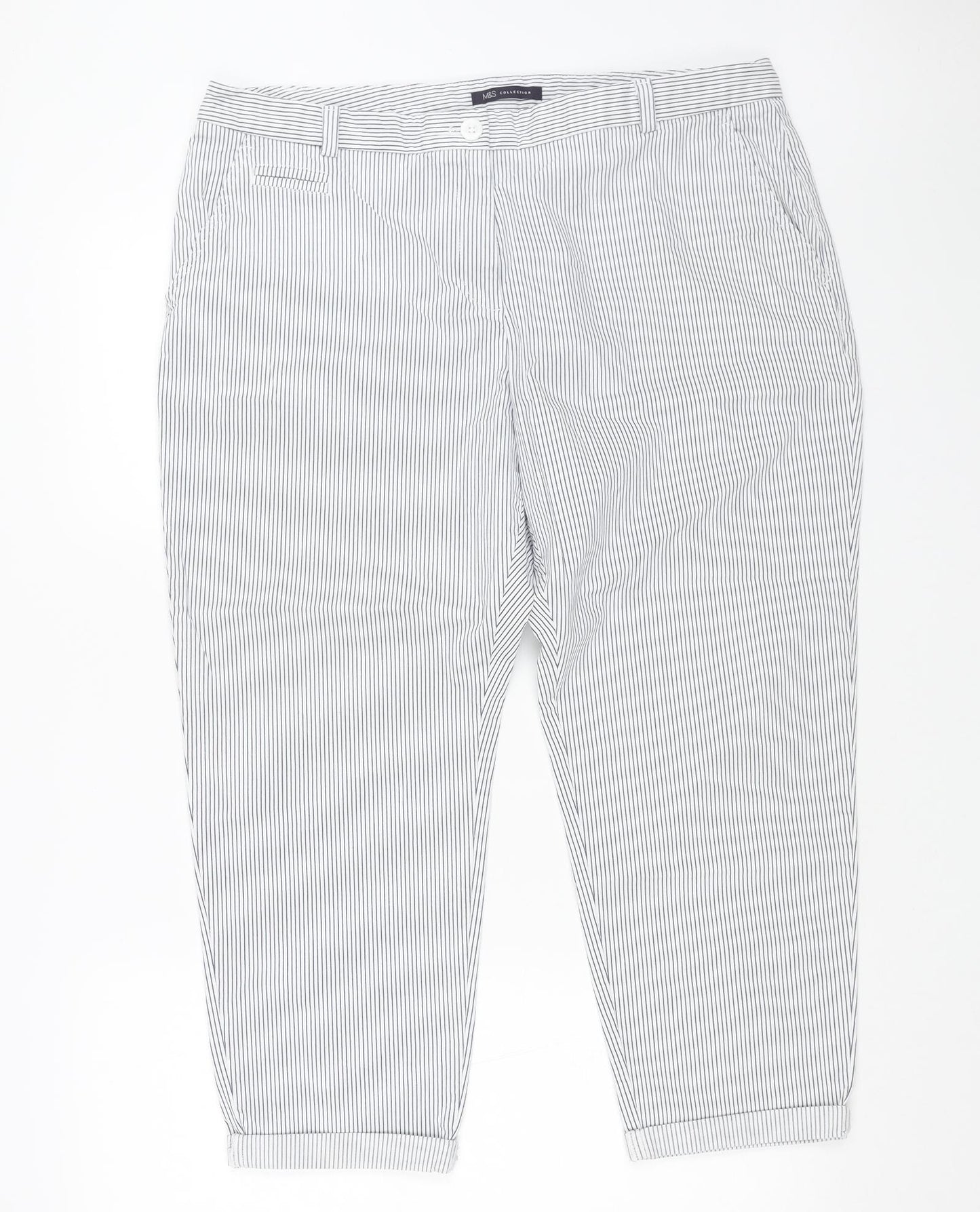 Marks and Spencer Womens White Striped Cotton Trousers Size 18 L21 in Regular Button - Cuffed Hems