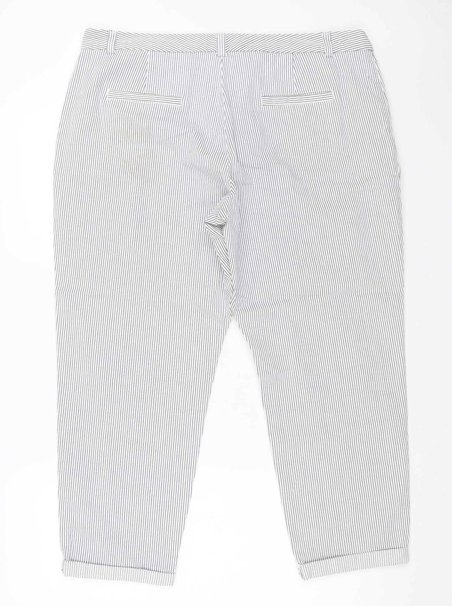 Marks and Spencer Womens White Striped Cotton Trousers Size 18 L21 in Regular Button - Cuffed Hems