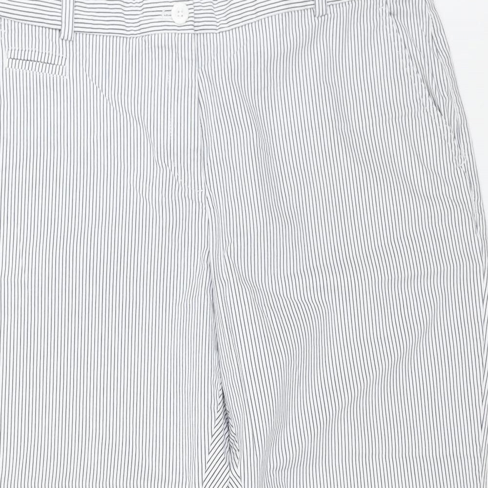 Marks and Spencer Womens White Striped Cotton Trousers Size 18 L21 in Regular Button - Cuffed Hems