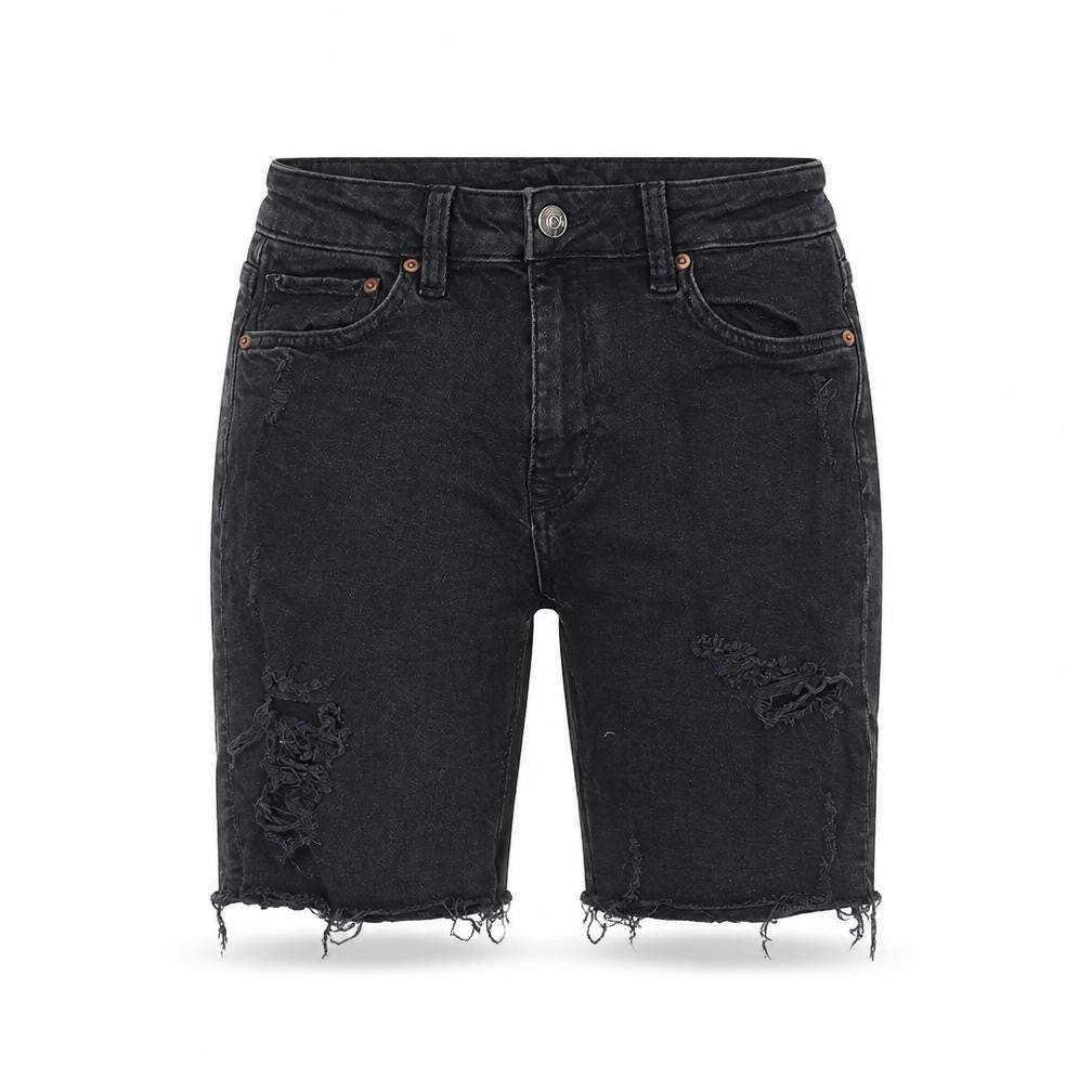 Front view of H&M women’s black cotton cut-off shorts, size UK 10 slim, zip