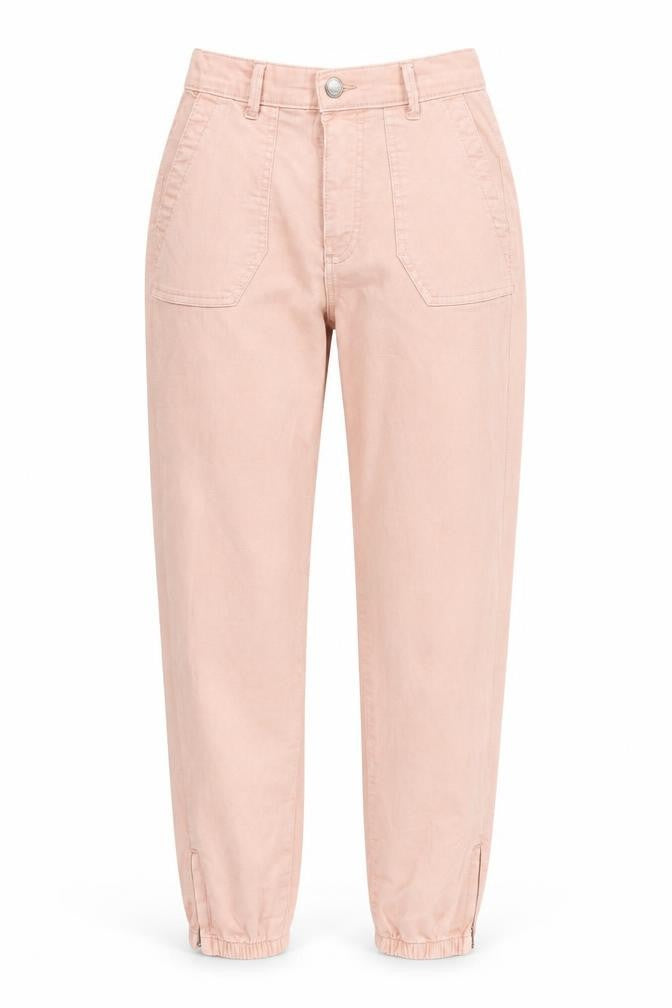 Front view of Marks & Spencer women’s pink cotton tapered jeans, size UK 6, regular zip