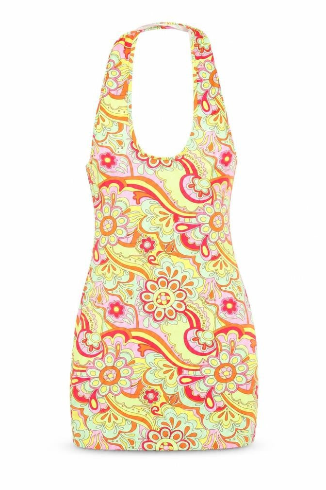 Front view of SHEIN women’s multicoloured floral polyester bodycon, size S, halter pullover