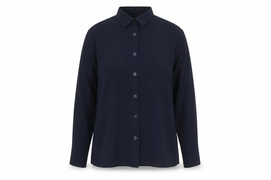 Front view of Boohoo women’s blue polyester basic button-up, size L, collared