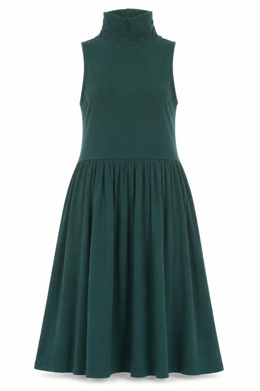Front view of ASOS women’s green cotton tank dress, size UK 8, roll neck pullover