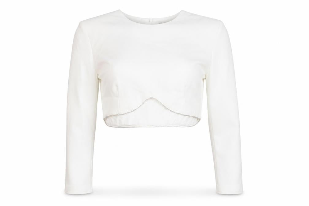 Zara Womens White Polyester Cropped Blouse Size XL Round Neck - Diamante Trim