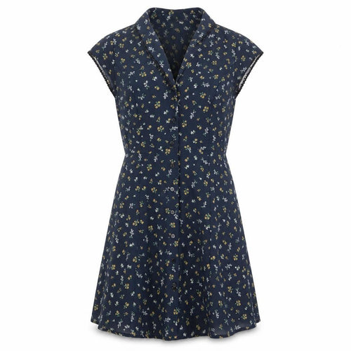 Cooperative Womens Blue Floral Polyester Fit & Flare Size XS V-Neck Button