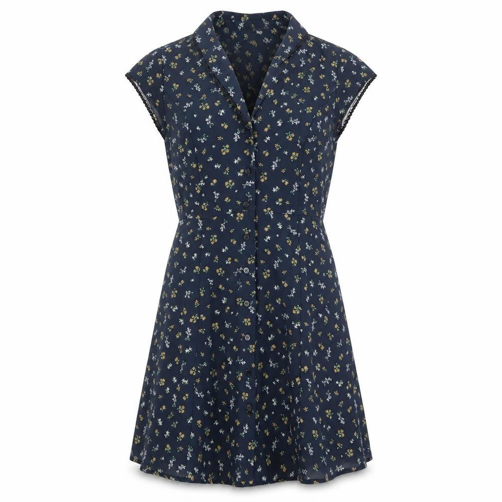 Cooperative Womens Blue Floral Polyester Fit & Flare Size XS V-Neck Button