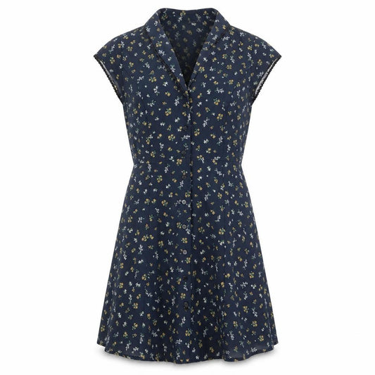 Front view of Cooperative women’s blue floral polyester fit & flare, size XS, v-neck button