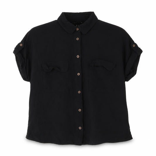 Front view of New Look women’s black viscose basic button-up, size UK 8, collared