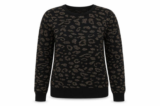 Front view of M&Co women’s black round neck animal print cotton jumper, size UK 10, - leopard pattern