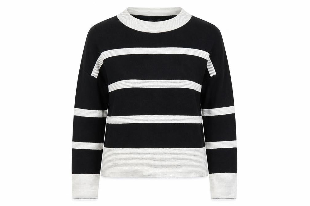 Front view of Atmosphere women’s black round neck striped acrylic jumper, size M