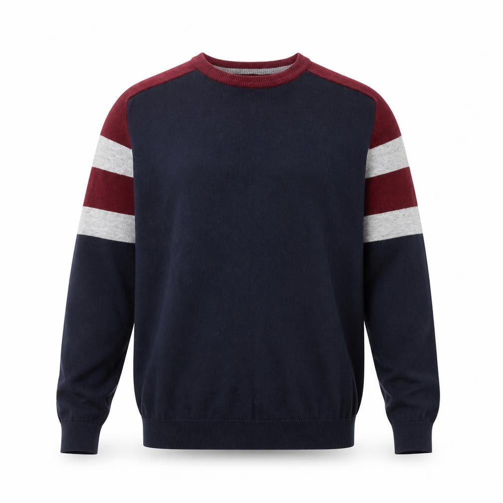 Front view of Matalan men’s blue round neck cotton jumper, size S, long sleeve