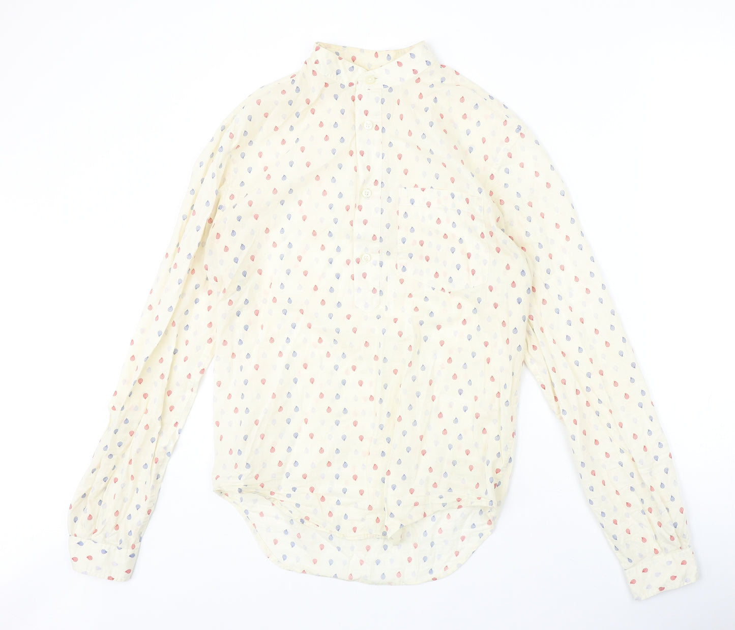 Zara Mens Beige Geometric Polyester Button-Up Size S Round Neck Button