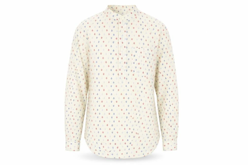 Front view of Zara men’s beige geometric polyester button-up, size S, round neck button